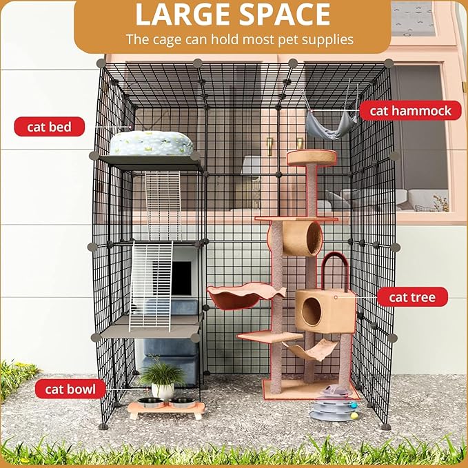 Oneluck Outdoor Cat House Catio Enclosure with Super Large Enter Door, 41L x 41W x55H Balcony Cage, Playpen with Platforms, DIY Kennels Crate Large Exercise Place Ideal for 1-3 Cats