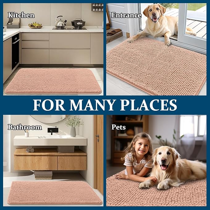 OLANLY Dog Door Mat for Muddy Paws 59x35, Absorbs Moisture and Dirt, Absorbent Non-Slip Washable Doormat, Quick Dry Chenille Mud Mat for Dogs, Entry Indoor Entryway Carpet for Inside Floor, Peach