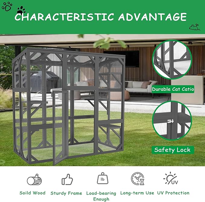 LOVMOR 60" Outdoor Catio with Six Platforms, Outdoor Cat Enclosure with Large Enter Door, Waterproof Roof, Safety Galvanized Steel Wire Mesh, Easy Installation