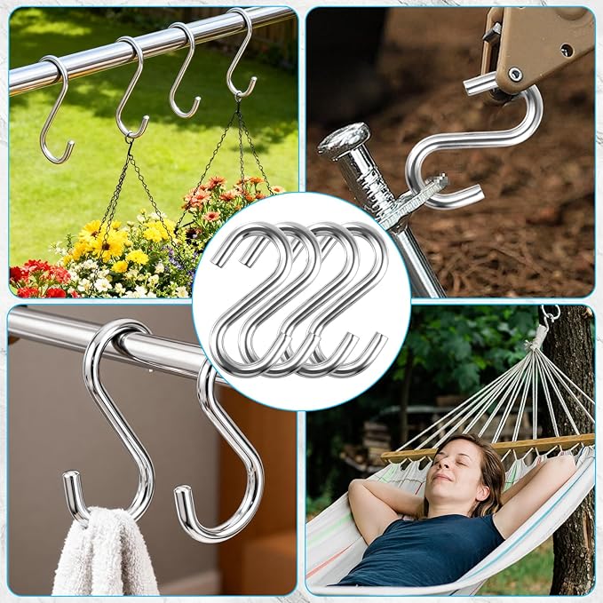 6 Pack Heavy Duty S Hooks, 3.2 Inch 304 Stainless Steel S Hook, s Shaped Hook, Grade Quality Utility Hooks for Hanging Hammock Stand, Swing, Plants