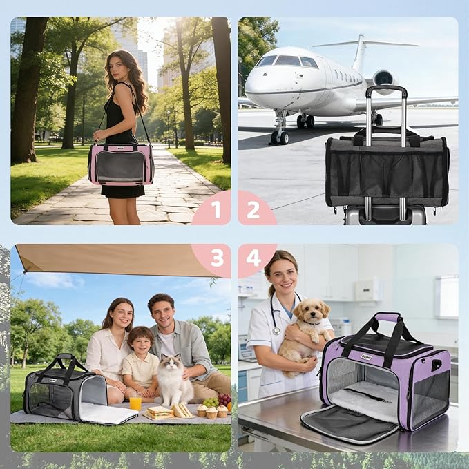 Pet Carrier for Cats & Small Dogs, Travel Carrier with Anti-Collapse Support, Chew Resistant Buckles, Luggage Sleeve, Multi-Pocket Storage, Reversible Mat & Bowl (Pink, Medium (17.5"x11"x11.5"))