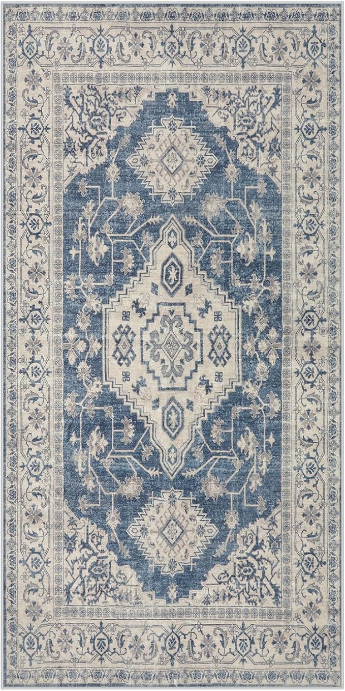 Lahome Oriental Small Area Rug, 2x4 Washable Entryway Rug Non-Slip Ultra-Thin Indoor Door Mat Distressed Throw Carpet for Kitchen Bedroom Eleanor, Blue