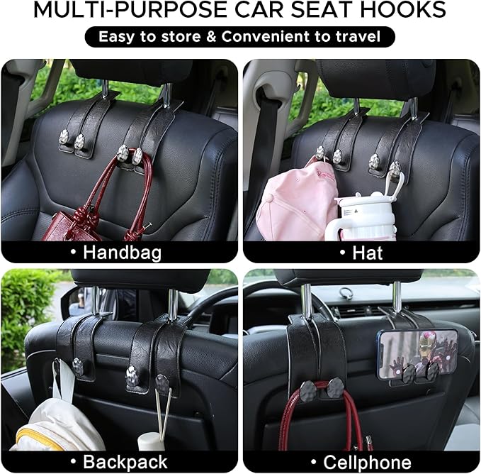 2PCS Leather Car Seat Hooks for Headrest, Vehicle Hanger Storage Organizer Universal for Handbag Purse, Car Accessories Gift (Black-Black)