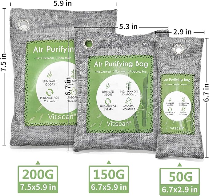 6 Pack Bamboo Charcoal Air Purifying Bag, Activated Charcoal Bags Odor Absorber, Moisture Absorber, Natural Car Air Freshener, Shoe Deodorizer, Odor Eliminators For Home, Pet, Closet