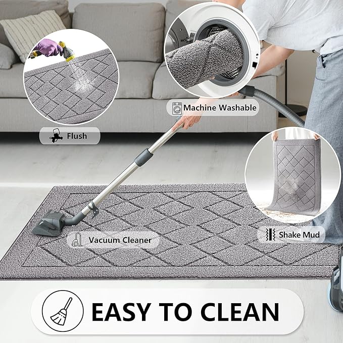 REFETONE Indoor Doormat, Front Back Door Mat 24"x36" Rubber Backing Non Slip Mats, Absorbent Washable Entrance Doormat for Entryway, Resist Dirt Low-Profile Inside Floor Mat for Muddy Shoes Light Grey