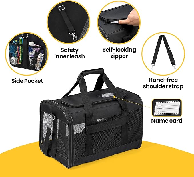 Conlun Cat Carrier Airline Approved, Soft-Sided Dog Carrier with Inner Safety Leash, Pet Transport Carrier for Small-Medium Cats Puppies up to 15 Lbs, Collapsible Travel Kitten Carrier Bag -BlackM