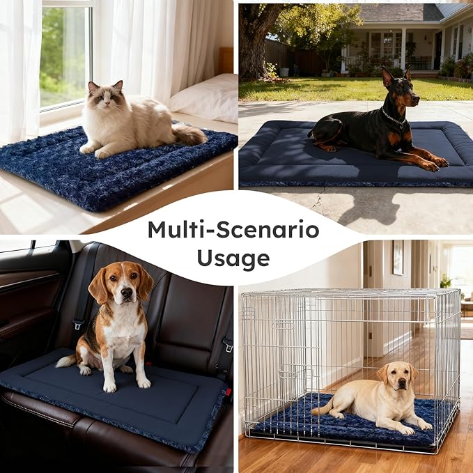 Dog Bed Mat, Dual-Sided Dog Crate Bed Mat - Ultra Soft & Machine Washable Kennel Pad for Large Dogs, All-Season Comfort Pet Bed for Crates, Travel, and Home, Dark Blue 35 x 23 Inch