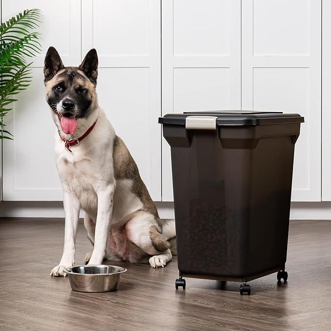 IRIS USA 58 Lbs / 67 Qt WeatherPro Airtight Pet Food Storage Container with Attachable Casters, For Dog Cat Bird and Other Pet Food Storage Bin, Keep Fresh, Easy Mobility, BPA Free, Smoke