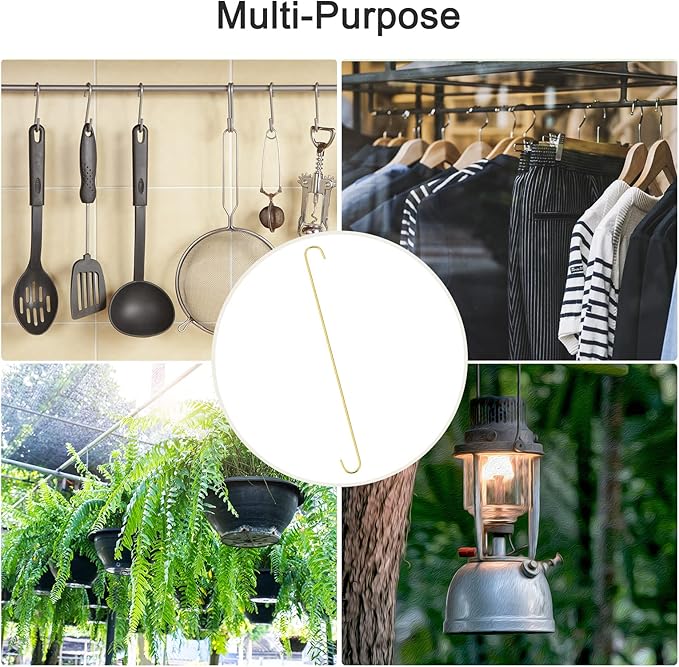 uxcell S Hanging Hooks, 20inch/500mm Extra Long Steel Hanger, Indoor Outdoor Uses for Garden, Bathroom, Closet, Workshop, Kitchen, Gold Tone, 6Pcs