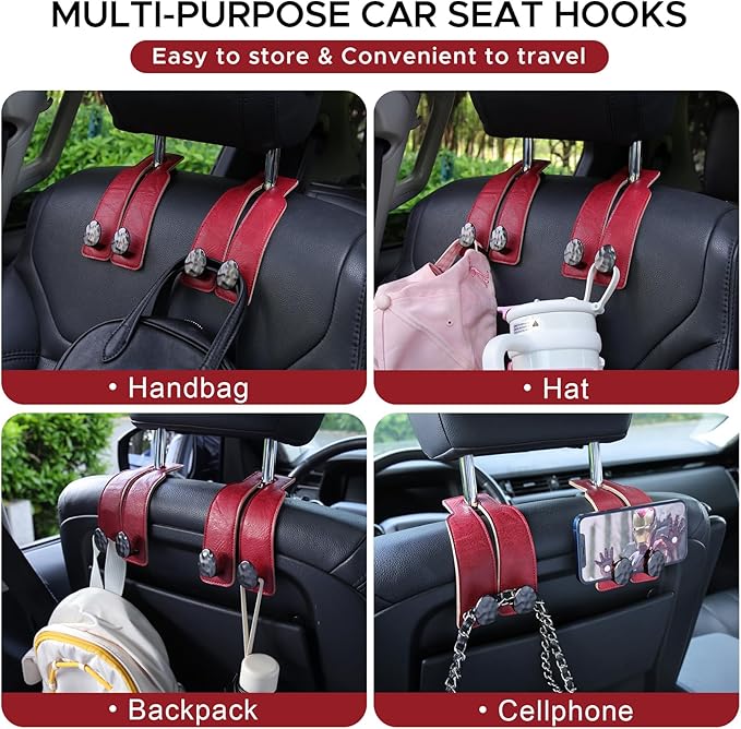 2PCS Leather Car Seat Hooks for Headrest, Vehicle Hanger Storage Organizer Universal for Handbag Purse, Car Accessories Gift (Red-Black)