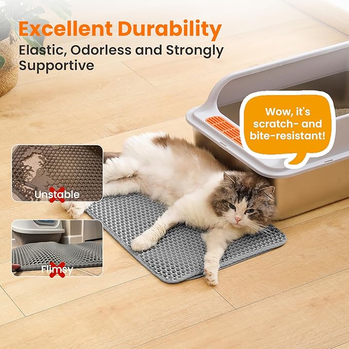 Small Cat Litter Mat, 20x14 Inches Double Layer Honeycomb Cat Litter Trapping Mat, Non Slip Waterproof Urine Proof Litter Box Mat for Floor, Kitty Litter Rug, Pet Supplies, Gray