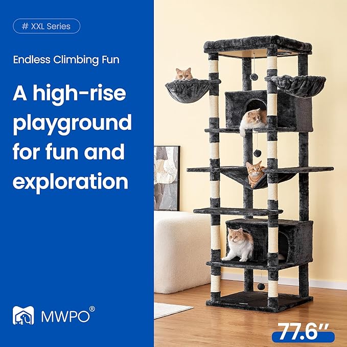 MWPO Extra Large Cat Tree, 77.6-Inch Tall Cat Tower for Indoor Cats with 2 Condos, Multi-Level Cat Stand for Large Cats, 3 Hammocks, Wide Perch, Scratching Posts, Dangling Toys, Smoky Grey