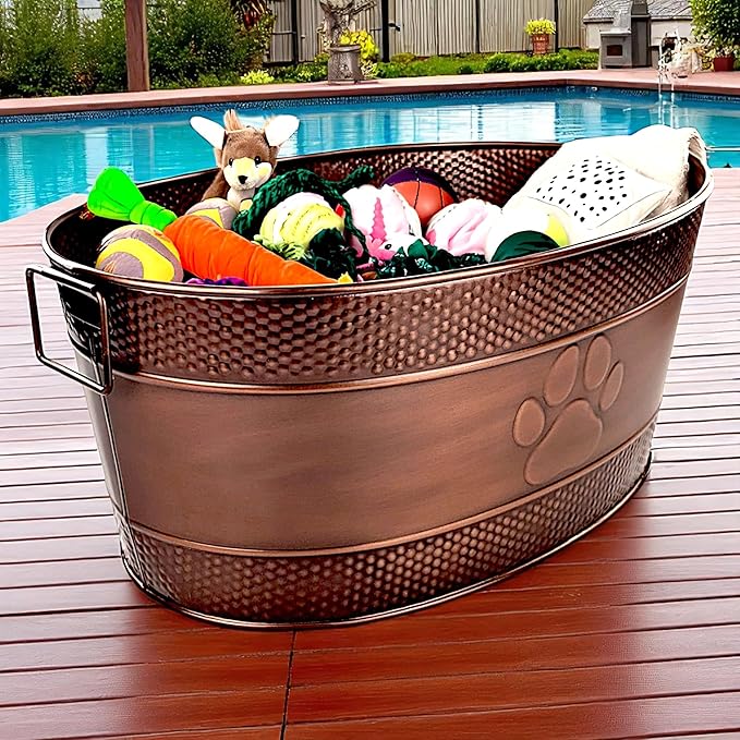 BREKX Indestructible Metal Dog Toy Bin - Copper Galvanized Storage Bin with Handles, Puppy Basket for Dog Storage, Blankets, & Leashes, Paw Pet Toy Box (25-Quart)