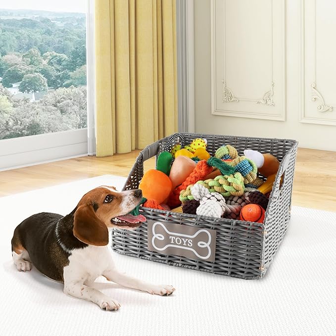Geyecete Wicker Dog Toy Basket, Collapsible Plastic Vine Storage Bin with Handles, Grey, 840 Count, Pet Organization, Living Room, Bedroom, Bathroom, Nursery Room