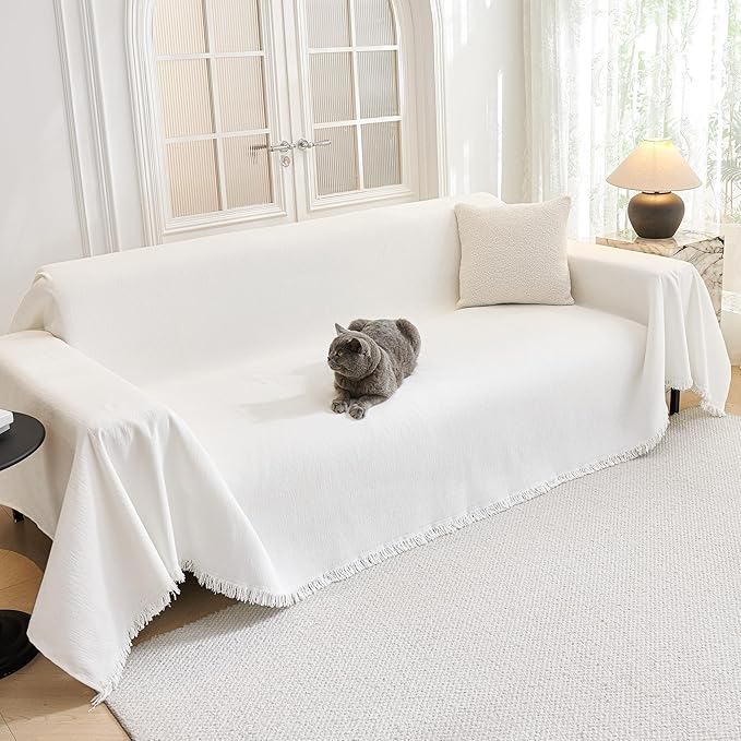 MYSKY HOME Sofa Covers for 2 Cushion Couch L Shaped Couch Cover Washable Couch Cover with Tassels Boho Couch Cover Non Slip Super Universal Soft Sofa Slipcover for Kids, Dogs, Pets, 71"x118", White