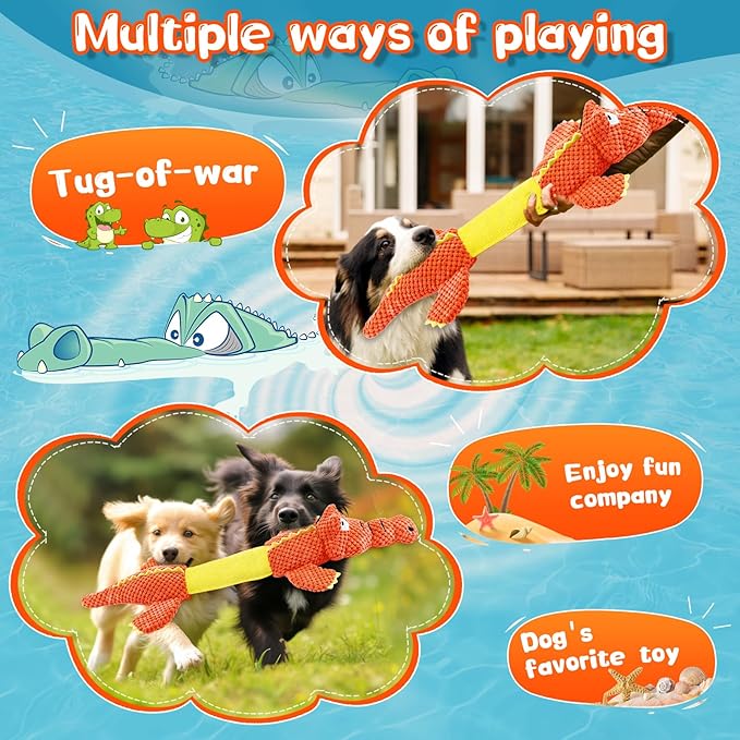 Interactive Tug of War Dog Toys for Small to Large Breeds-Squeaky Puppy Toys with Crinkle Paper, Stuffed Chew Dog Toys to Keep Them Busy, Training Reward Gift (Orange)