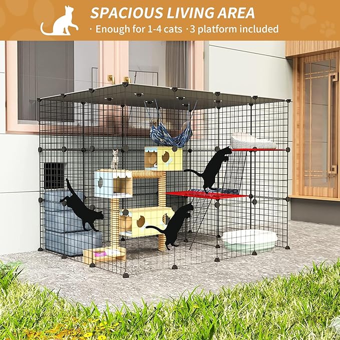 Oneluck Outdoor Cat House Catio Enclosure with Super Large Enter Door, 55L x 41W x41H Balcony Cat Cage Playpen with Platforms, DIY Kennels Crate Large Exercise Place Ideal for 1-3 Cats