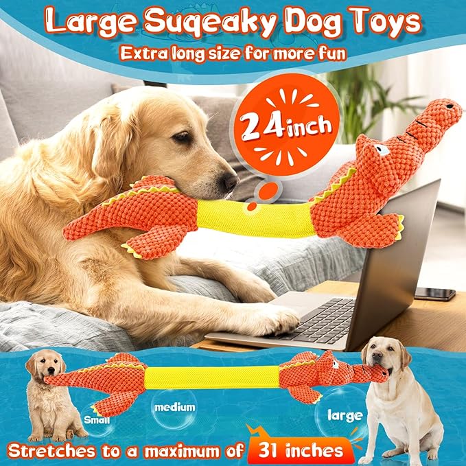 Interactive Tug of War Dog Toys for Small to Large Breeds-Squeaky Puppy Toys with Crinkle Paper, Stuffed Chew Dog Toys to Keep Them Busy, Training Reward Gift (Orange)