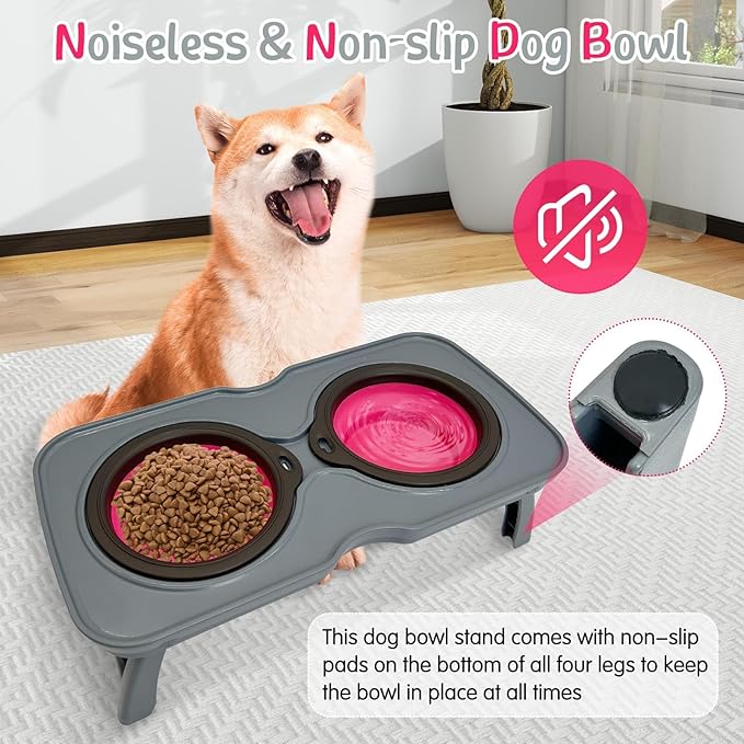 PINVNBY Elevated Dog Bowls Portable Raised Dog Bowl Stand with 2 Collapsible Silicone Food Bowl Non-Slip Travel Bowls for Medium Dogs and Cats (16.9" L x 7.9" W x 5.1" H)