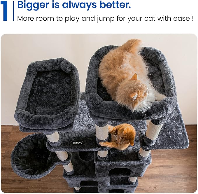 MWPO Extra Large Cat Tree - 70.1-Inch Tall Cat Tower with 3 Cat Condos, Multi-Level Cat Stand for Large Cats Featuring Scratching Posts, Padded Perches, Hammock, Dangling Toys - Smoky Grey