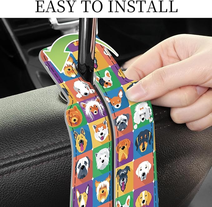 PU Leather Car Seat Hook, Storage Headrest Hanger, Cute Car Backseat Organizer, Car Hooks for Purses and Bags Colorful Dog Faces