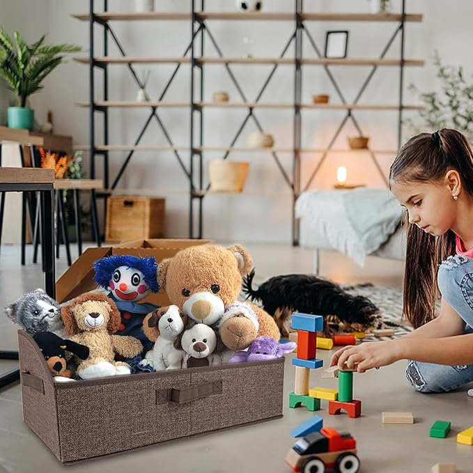Foldable Pet Toy Storage Box with 3 Handles, Portable Organizer Basket for Dog Toys, Blankets & Accessories, Dark Brown