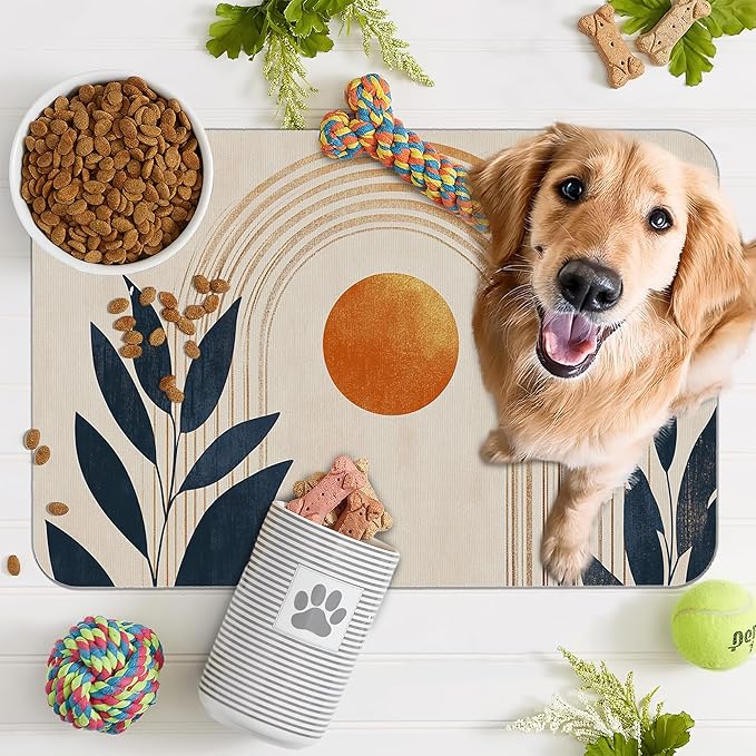 Sun Boho Leaf Dog Cat Food Mat,Absorbent Pet Feeding Mat for Food and Water,Non-Slip Dog Bowl Mats Floor Protector 12"x20"