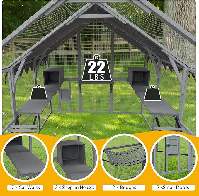 LOVMOR 110" Large Outdoor Wooden Catio, Outdoor Cat House Cat Enclosures, Weatherproof Cover roof, Two Small Sliding Doors, 2 x Bridges, 2 x Sleeping Houses, 7 x Cat Walks