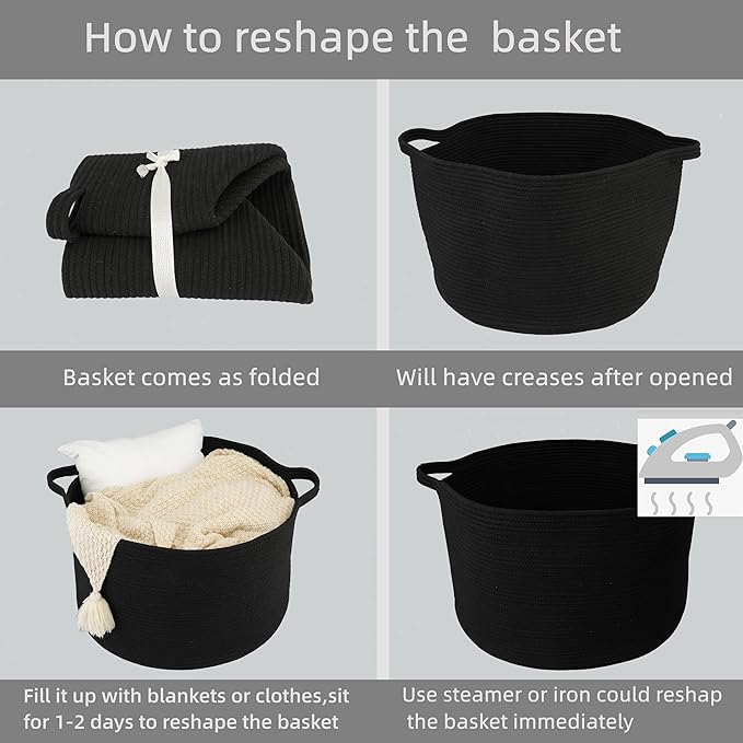 XUANGUO Extra Large Cotton Rope Basket Blankets Basket Living Room 22"x14" Toy Baskets for Kids and Dogs Rope Storage Baskets for Nursery Woven Laundry Baskets for Clothes Towels round black