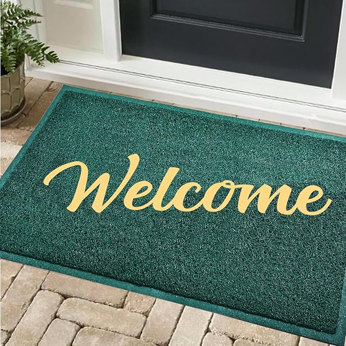 T.HENV Welcome Mat Outdoor Indoor, 30x17.5 100% Waterproof Front Door Mat Outside Entrance, All-Weather Quick Dry Doormat, Low Profile Patio Proch Entryway Mat, Non Slip, Easy Clean, Green-Gold