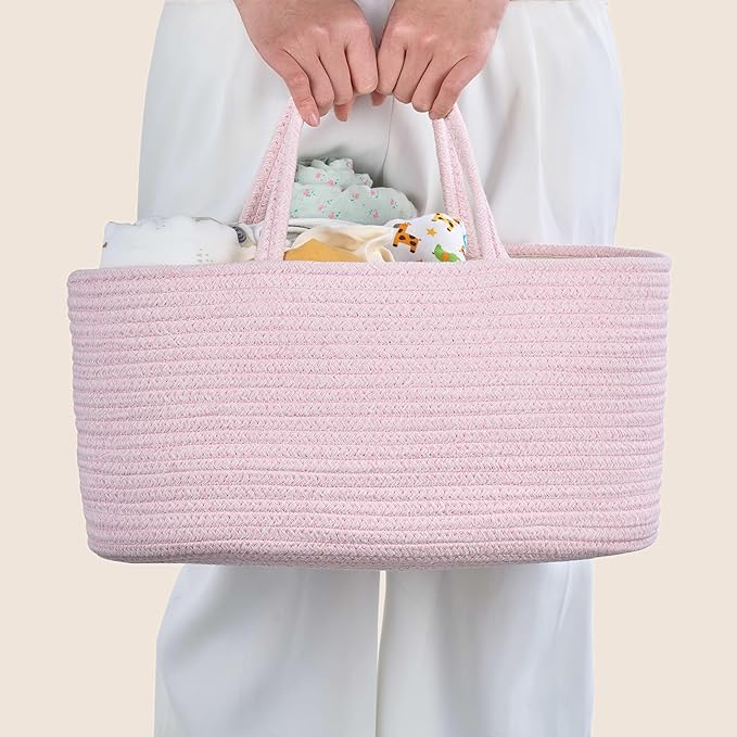 Diaper Caddy Organizer, Empty Gift Basket for Newborn Essentials, Baby Storage Basket, Stylish Gift Bag for Baby Shower, Boys and Girls - Large, Light Pink