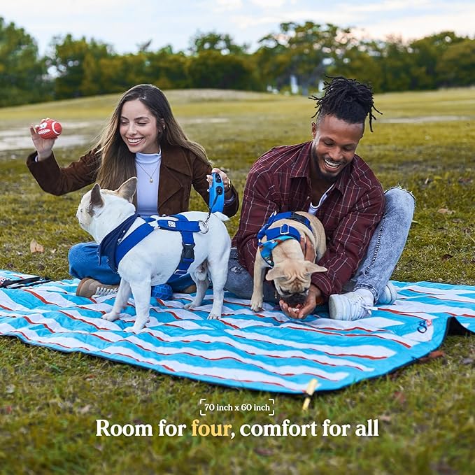 Cozy Club Waterproof Picnic Blanket Foldable Outdoor Mat with Pocket, Stakes & Shoulder Strap | Sandproof, Durable & Portable for Beach, Camping, Sporting Events & Travel | US Brand