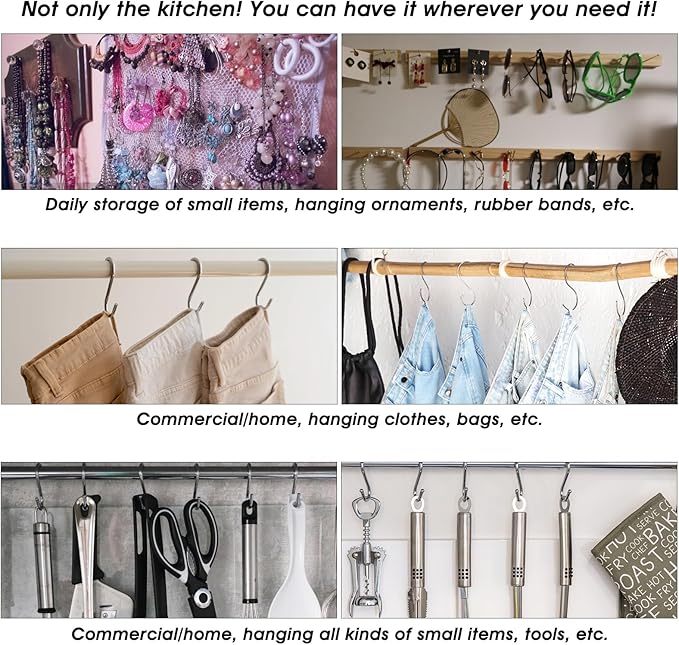 100 Pack S Hooks - 2.8 Inch Small Heavy Duty Stainless Steel S Hooks for Hanging Jeans, Cooking Utensils, Potted Plants, etc