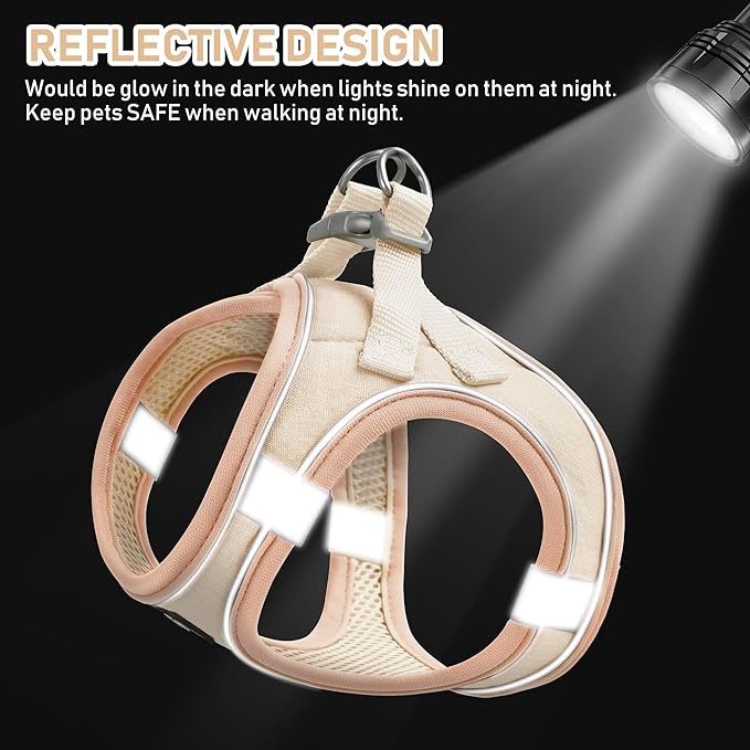 GAMUDA Small Pet Harness Collar and Leash Set, Step in No Chock No Pull Linen Fabric Soft Mesh Dog Vest Harnesses Reflective for Dogs Puppy Cats Kitten Rabbit (Khaki, XS)