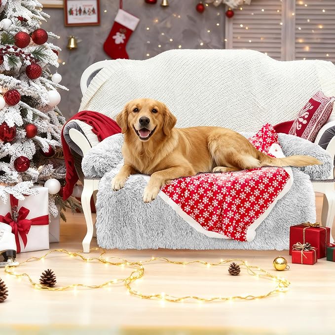 GGIB Calming Dog Bed Christmas Throw Blanket Fluffy Plush Dog Mat Furniture Protector Decoration Holiday Throw Sofa Couch Cover Large Medium Small Dogs Cats (Extra Large, Light Grey)