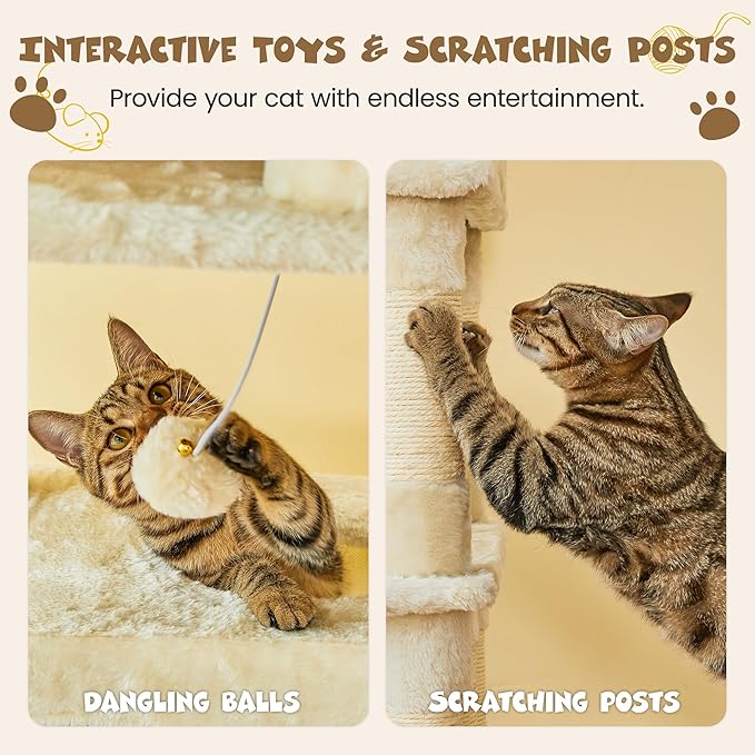 MWPO 74.8 inches Large Cat Tree with Sisal-Covered Scratching Posts & Condo, Tall Cat Tower Entertainment Playground Furniture for Cats & Kittens - Multiple Colors-Beige