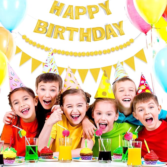CANREVEL Pre-Strung 3D Happy Birthday Banner, 3 PCS Gold Happy Felt Garland, Pom Pom Garland, Triangle Fabric Bunting, Reusable Gold Birthday Decorations for Women Men Girls Boys