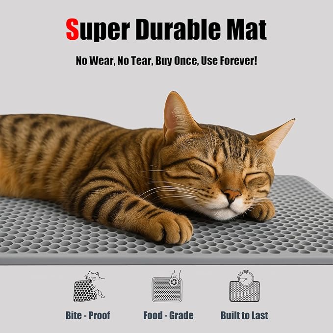 Silicone Litter Box Mat 24"x15" (Keep Floor Clean)(Easy Clean)(Anti-Crease)(Built to Last)(Non-Slip)(Double Layer Detachable)(Soft on Paws)(Claw-Proof)