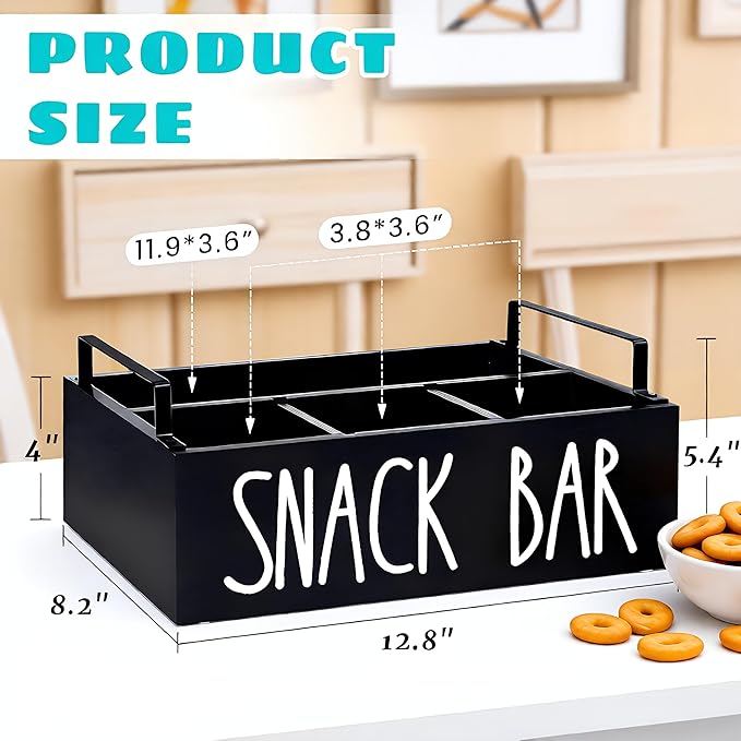 Snack Organizer for Countertop, Wood Pantry Storage Bins with Handles, Snack Bar Organizer for Pantry Shelf, Kitchen, 4 Compartment Food Container Snack Box, Pantry Organizer for Snacks, Chips(Black)