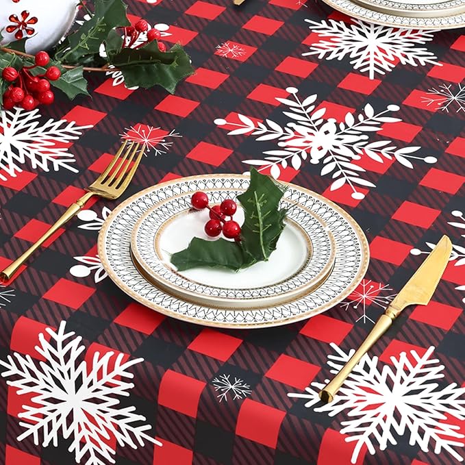 misaya Rectangle Waterproof Vinyl Table Cloth, Wipeable Tablecloth with Flannel Backing, Plastic Table Cover for Dinner, Christmas Party (Red & Black, 60" x 84")
