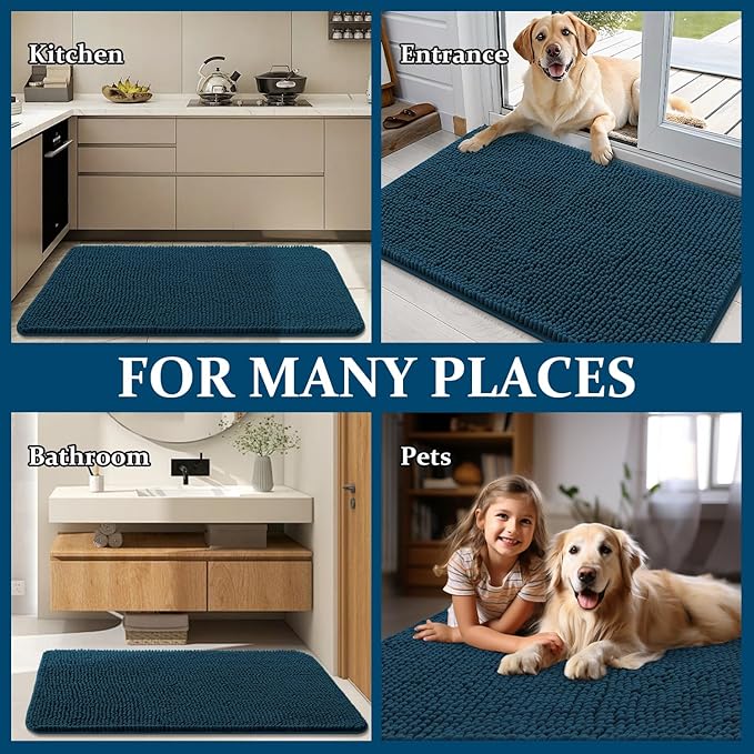 OLANLY Dog Door Mat for Muddy Paws 44x32, Absorbs Moisture and Dirt, Absorbent Non-Slip Washable Doormat, Quick Dry Chenille Mud Mat, Entry Indoor Entryway Carpet for Inside Floor, Atlantic Blue