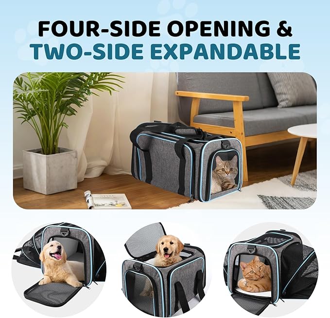 Cat Carrier TSA Airline Approved - Expandable Soft Cat Dog Pet Carrier, Collapsible Pet Travel Bag Carrier with Foldable Pet Bowl for Large Cats Small Medium Dogs for Camping Vet Visiting 17*11*11