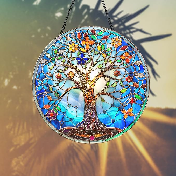 Tree of Life Suncatcher 8 Inch Stained Glass Window Hanging Diamond Chain Hooks – Indoor/Outdoor Wall Art Home Décor -Gift for Women Men Valentine's Day Thanksgiving Ornaments Festival Gifts