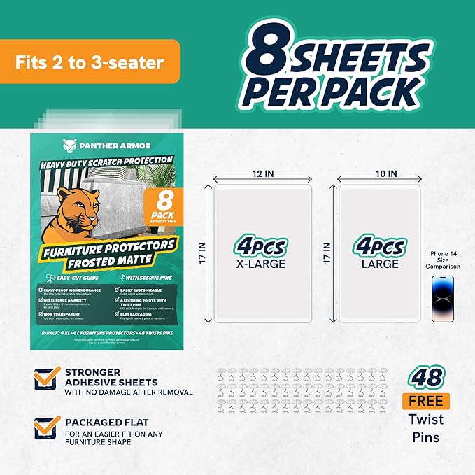 8 Pack Cat Scratch Furniture Protector Sheets – Matte Finish Couch & Sofa Guard from Cat Claws – Easy Apply, Removable, with Twist Pins (4 XL + 4 Large)