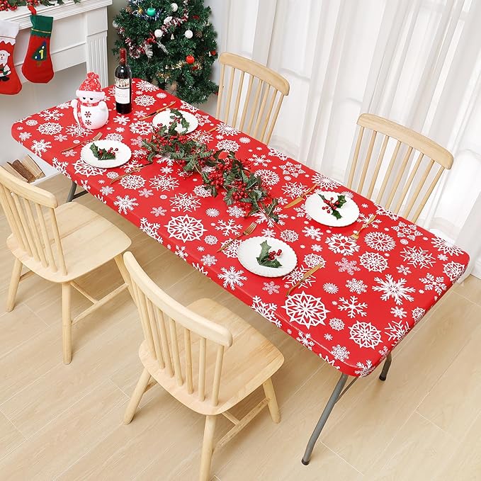 misaya Rectangle Vinyl Tablecloth, Fitted Table Cover, 100% Waterproof, Elastic Edge, Flannel Backing, Plastic Table Cloth Fit 6 Foot Folding Tables for Christmas Dinner (Red Snowflake, 30x72 inch)