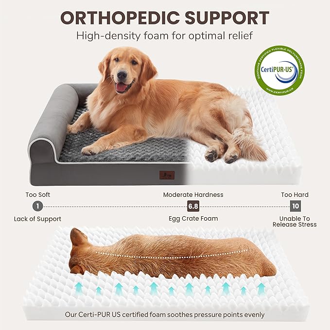 Orthopedic XL Dog Beds, Waterproof Pet Bed for Extra Large Dogs, Non-Slip Bottom and Egg-Crate Foam Large Pet Couch Sofa with Washable Removable Cover, Dark Grey