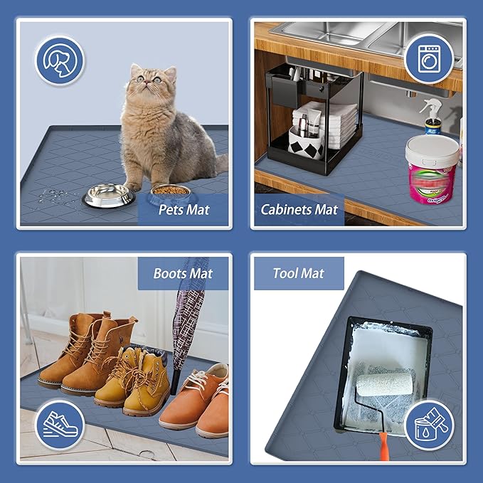 URMONA 37" x 22" Waterproof Silicone Mat in Multiple Sizes & Colors, Under Sink Mat for Kitchen & Bathroom, Pet Food Pad for Dogs & Cats, Kitchen Cabinet Liner, Multi-Purpose for Storage(Dark Grey)