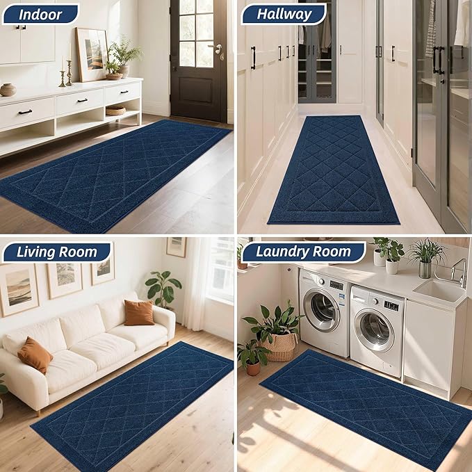 BEQHAUSE Dirt Trapper Door Mat 24" x 60", Doormat Non-Slip Entryway Rugs Washable, Dog Door Mat Stain Resistant and Absorbent Welcome Floor Mat for Front Back Door, Mud Wet Shoes & Paws, Navy Blue