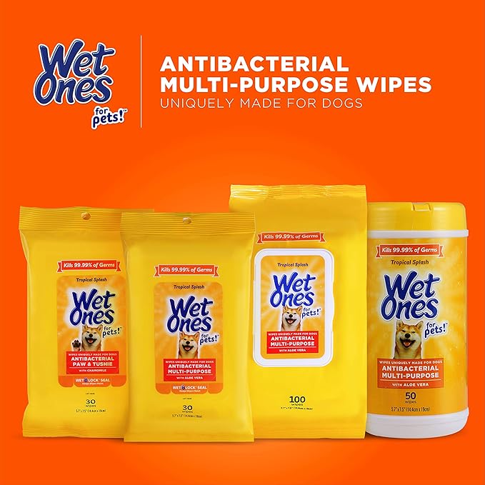Wet Ones for Pets Multi-Purpose Dog Wipes With Aloe Vera | Dog Wipes For All Dogs in Tropical Splash, Wet Ones Wipes for Paws & All Purpose | 50 Ct Cannister Dog Wipes