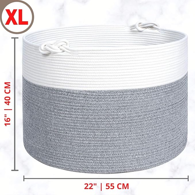 MINTWOOD Design Extra Large 22 x 16in Decorative Woven Cotton Rope Blanket Storage Basket Bin Living Room with Handles and Laundry Hamper for Pillows, Pool Towels, Dog Toys, Shoes, Light Grey